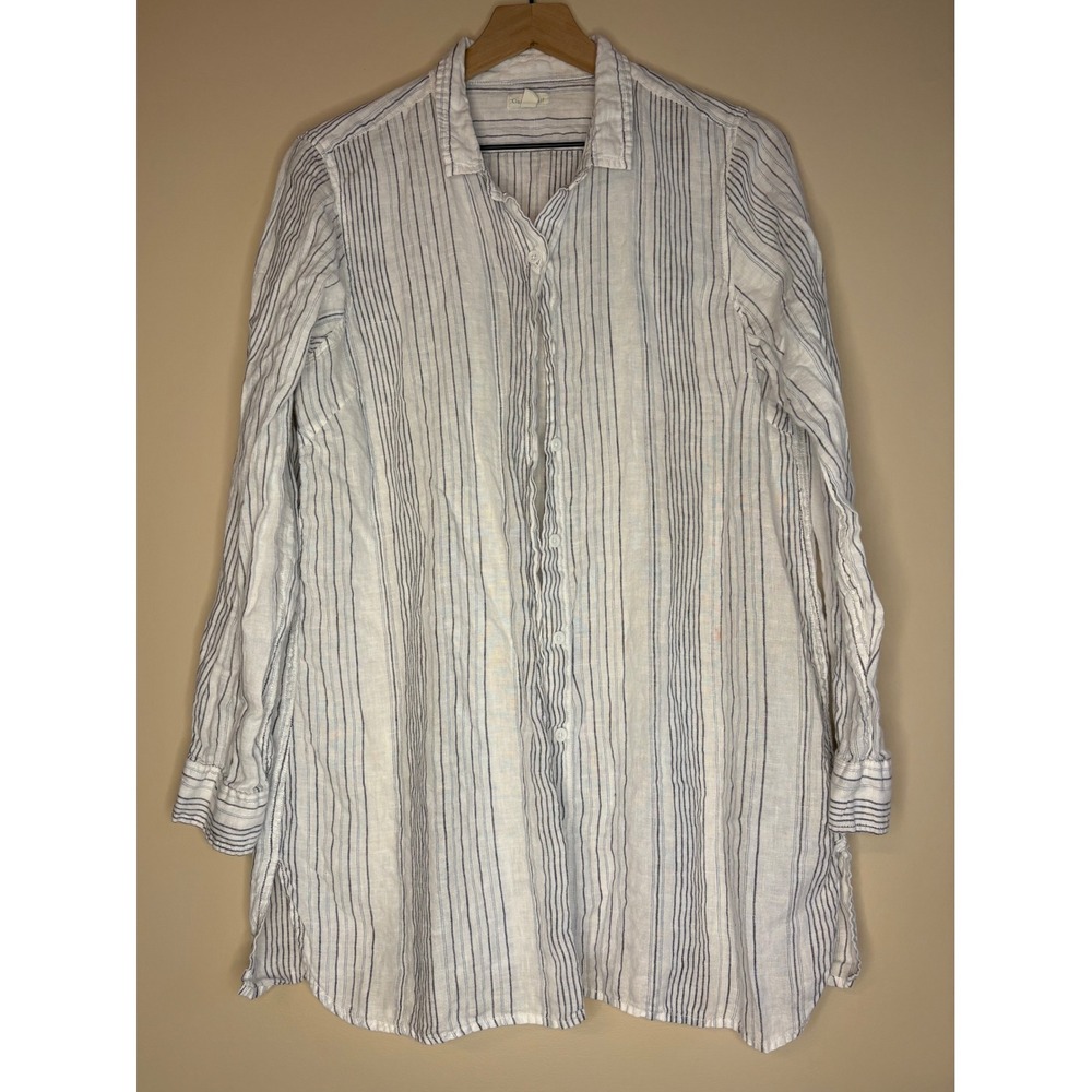 Garnet Hill Linen Blue White Striped Tunic Button Down Summer Shirt Women Medium